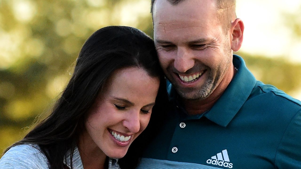 AUGUSTA, GA - APRIL 09:  Sergio Garcia of Spain embraces fiancee Angela Akins in celebration after defeating Justin Rose (not pictured) of England on the first playoff hole during the final round of the 2017 Masters Tournament at Augusta National Golf Club on April 9, 2017 in Augusta, Georgia.  (Photo by Harry How/Getty Images)