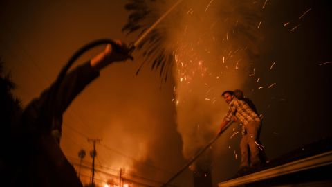 Strangers band together to help put out a palm tree on fire and stop it from burning homes.