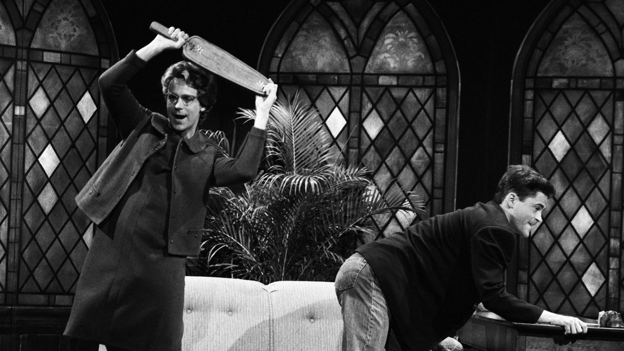 Catholic schools were known for their knuckle-rapping nuns, administering corporal punishment to any and all educational slackers. In this 1990 skit from NBC's "Saturday Night Live," Dana Carvey's Church Lady takes way too much pleasure in punishing "schoolboy" Rob Lowe. Today, most teachers in Catholic schools are not nuns or priests, and most have put the paddle away.