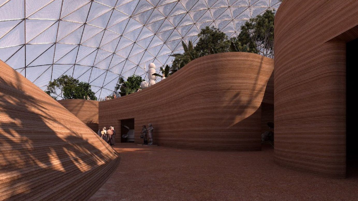 On Mars, buildings would be 3D printed under the domes, using Martian soil. On Earth, desert sand could be used instead.