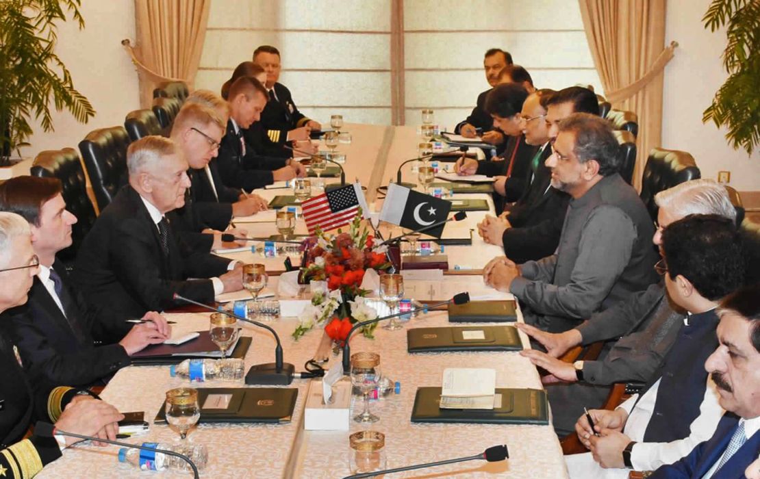 U.S. Defense Secretary James Mattis (third left) meets with Pakistani officials in Islamabad on December 04, including Prime Minister Shahid Khaqan Abbasi (fourth right). 