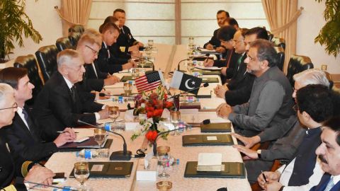 U.S. Defense Secretary James Mattis (third left) meets with Pakistani officials in Islamabad on December 04, including Prime Minister Shahid Khaqan Abbasi (fourth right).