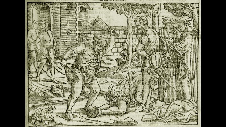 A whipping or "cobbing" was also historically used as a punishment for adults. This etching shows Bishop of London Edmund Bonner punishing a heretic in "Foxe's Book of Martyrs" from 1563. <a href="index.php?page=&url=https%3A%2F%2Fwww.britannica.com%2Fbiography%2FEdmund-Bonner" target="_blank" target="_blank">According to the Encyclopedia Britannica,</a> Bonner was characterized as a monster who enjoyed burning Protestants at the stake during the reign of the Roman Catholic Queen Mary I, who was known as "Bloody Mary."