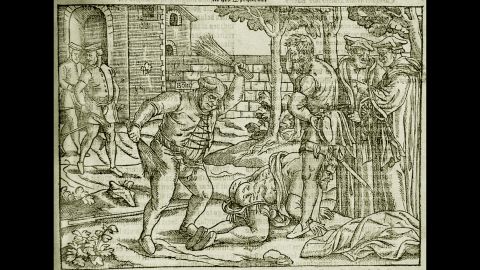 A whipping or "cobbing" was also historically used as a punishment for adults. This etching shows Bishop of London Edmund Bonner punishing a heretic in "Foxe's Book of Martyrs" from 1563. <a href="https://www.britannica.com/biography/Edmund-Bonner" target="_blank" target="_blank">According to the Encyclopedia Britannica,</a> Bonner was characterized as a monster who enjoyed burning Protestants at the stake during the reign of the Roman Catholic Queen Mary I, who was known as "Bloody Mary."