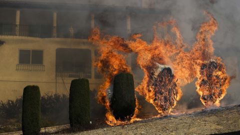 Flames rise near a home as a wildfire burns in Ventura.