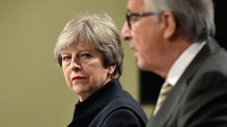 British Prime Minister Theresa May (L) and European Commission chief Jean-Claude Juncker give a press conference as they meet for Brexit negotiations on December 4, 2017 at the European Commission in Brussels. British Prime Minister Theresa May meets European Commission chief Jean-Claude Juncker on December 4 as an "absolute" deadline to reach a Brexit divorce deal expires. / AFP PHOTO / JOHN THYS        (Photo credit should read JOHN THYS/AFP/Getty Images)