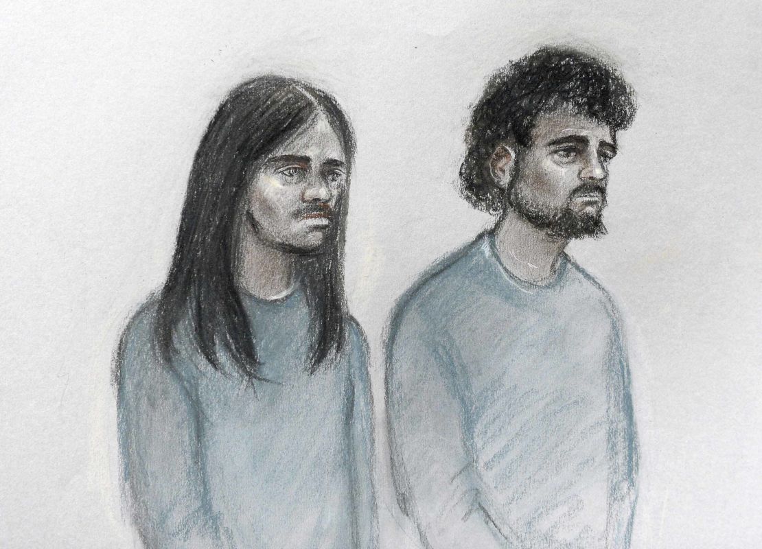 This court artist sketch shows Mohammed Aqib Imran, left, and  Naa'imur Zakariyah Rahman in the dock at Westminster Magistrates' Court in London on Wednesday.