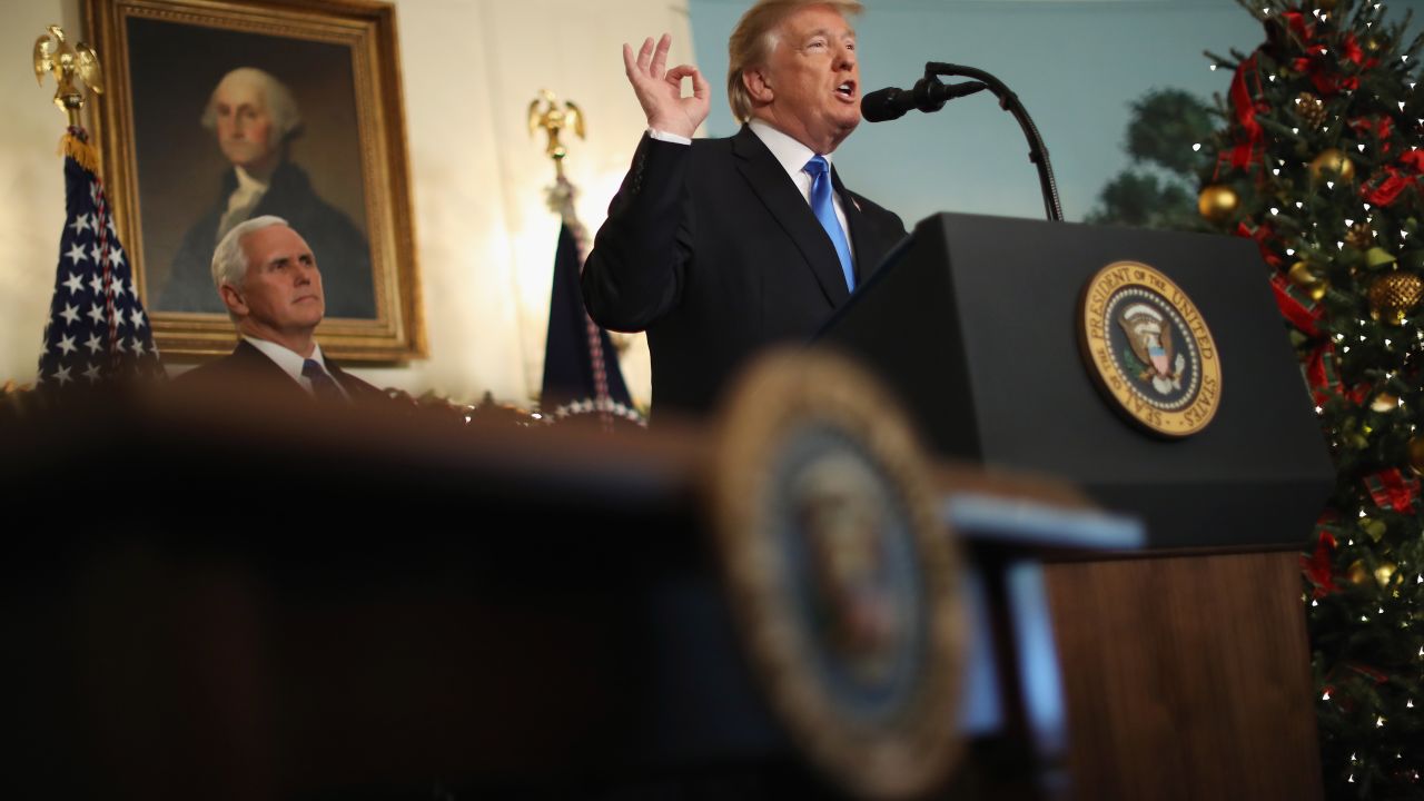 WASHINGTON, DC - DECEMBER 06:  US President Donald Trump announces that the U.S. government will formally recognize Jerusalem as the capital of Israel as Vice President Mike Pence looks on in the Diplomatic Reception Room at the White House December 6, 2017 in Washington, DC. In keeping with a campaign promise, Trump said the United States will move its embassy from Tel Aviv to Jerusalem sometime in the next few years. No other country has its embassy in Jerusalem.  (Photo by Chip Somodevilla/Getty Images)