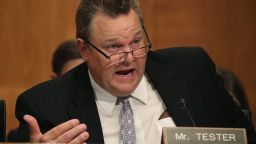Sen. Jon Tester (D-MT) questions former Equifax CEO Richard Smith during a Senate Banking, Housing and Urban Affairs Committee hearing in the Hart Senate Office Building on Capitol Hill October 4, 2017 in Washington, DC. 