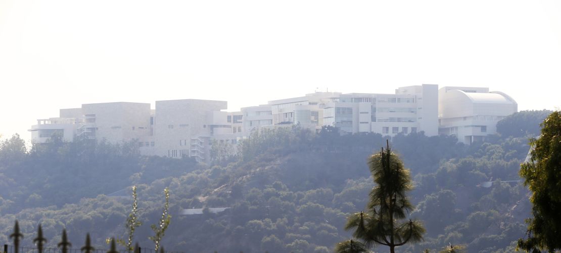 The Getty Center lies shrouded in smoke as seen from the Bel-Air district of Los Angeles after the Skirball Fire swept through on Wednesday.