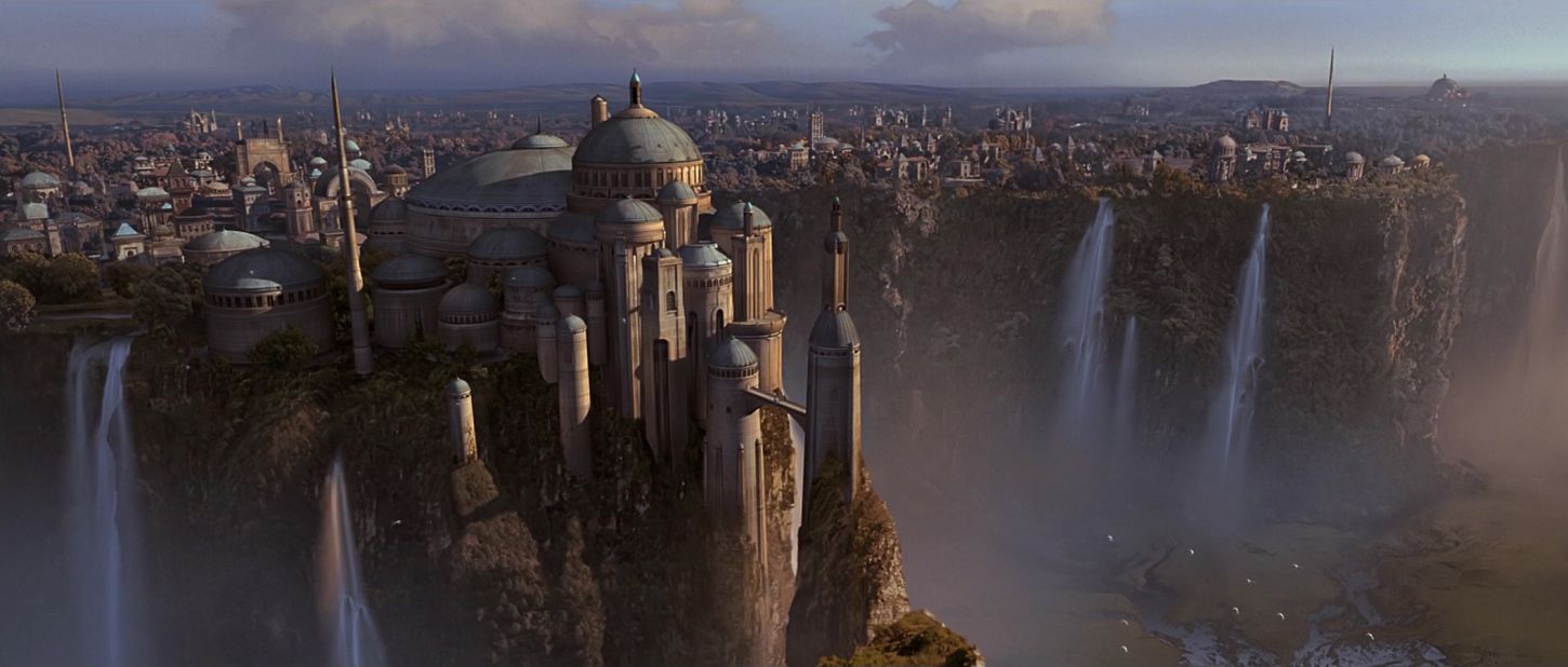 The royal palace of Theed, the capital of Naboo, utilizes a combination of Byzantine exteriors and Baroque/Rococo interiors, informed by the naturalistic style of American architect Frank Lloyd Wright.