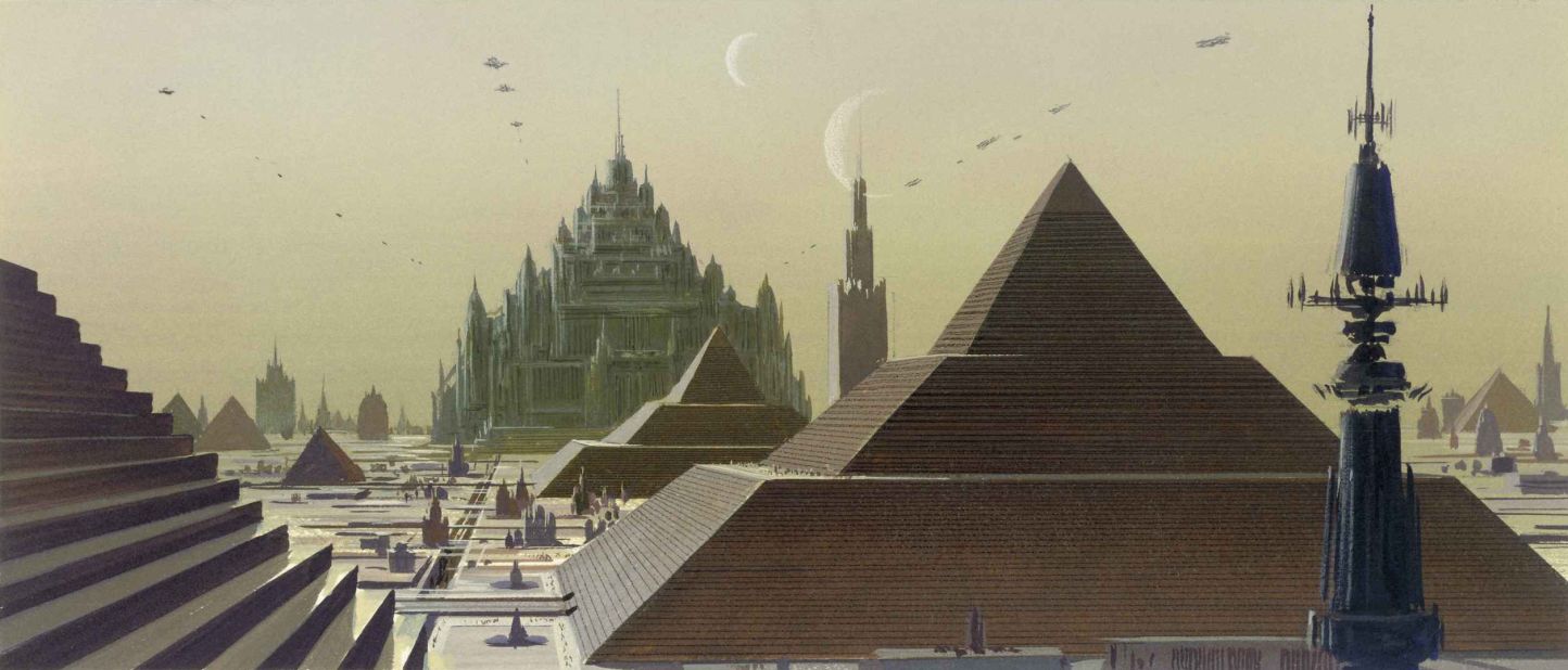 One of Ralph McQuarrie's original paintings of what would become Coruscant. Called Had Abbadon, in the background is the Imperial Palace, home to the Emperor.  This vision of Coruscant would never come to pass by the time of the prequels. "Star Wars" lore says the Emperor re-purposed the Jedi Temple when he assumed power at the end of "Revenge of the Sith."  
