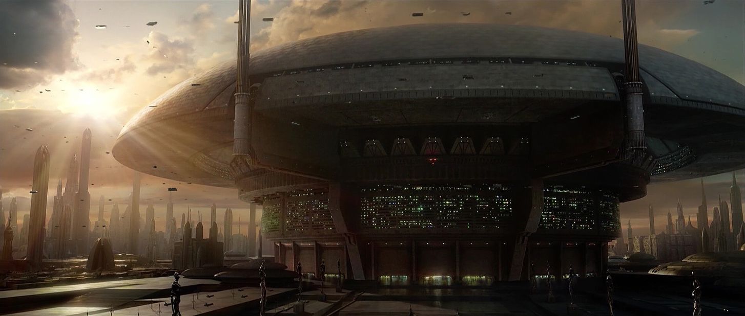 Much of the action on Coruscant -- if we can call it that -- takes place in the Senate. The Republic Executive Building building, a beehive of spacecraft coming and going, is topped with a dome that harks back to Oscar Niemeyer's domed senate chamber in Brasilia. 