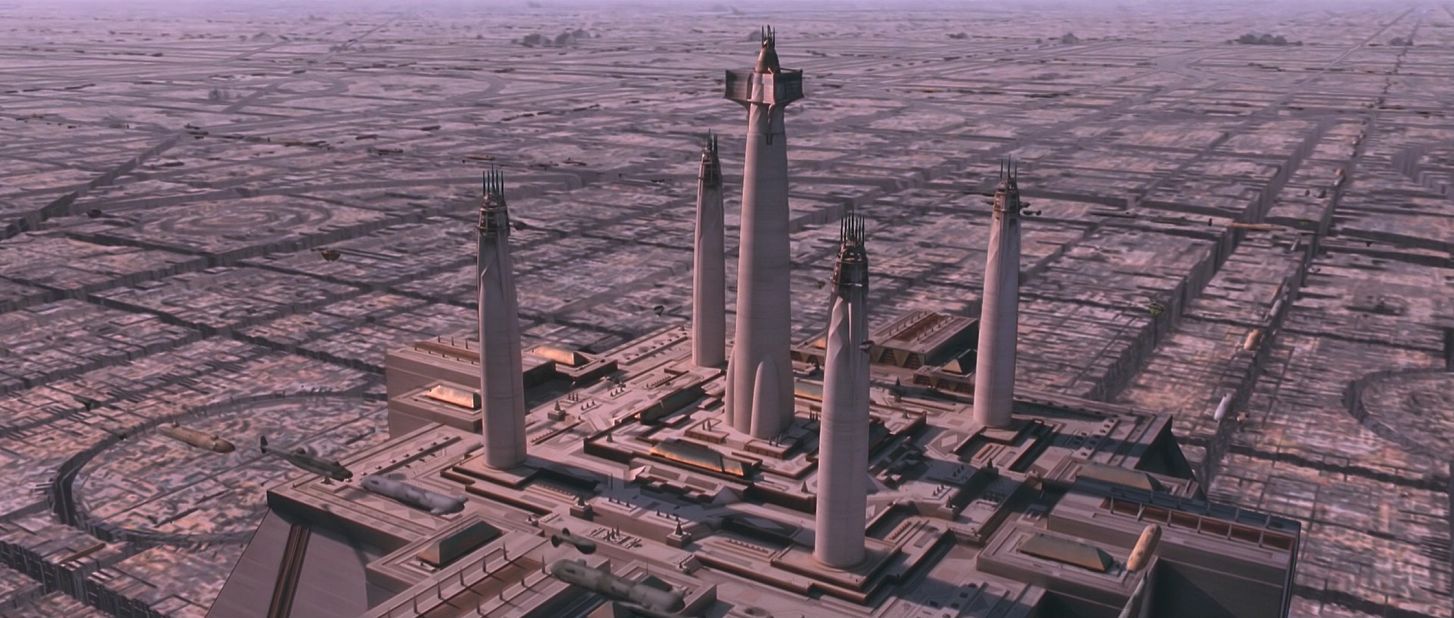 The Jedi Temple, seen in "The Phantom Menace." There's cross-pollination of religious architecture throughout: what Reat describes as a "Brutal interpretation of Aztec architecture," and minaret-like towers which "have an entasis, or a bulging," he says, "which reminds you of Southeast Asian towers." 
