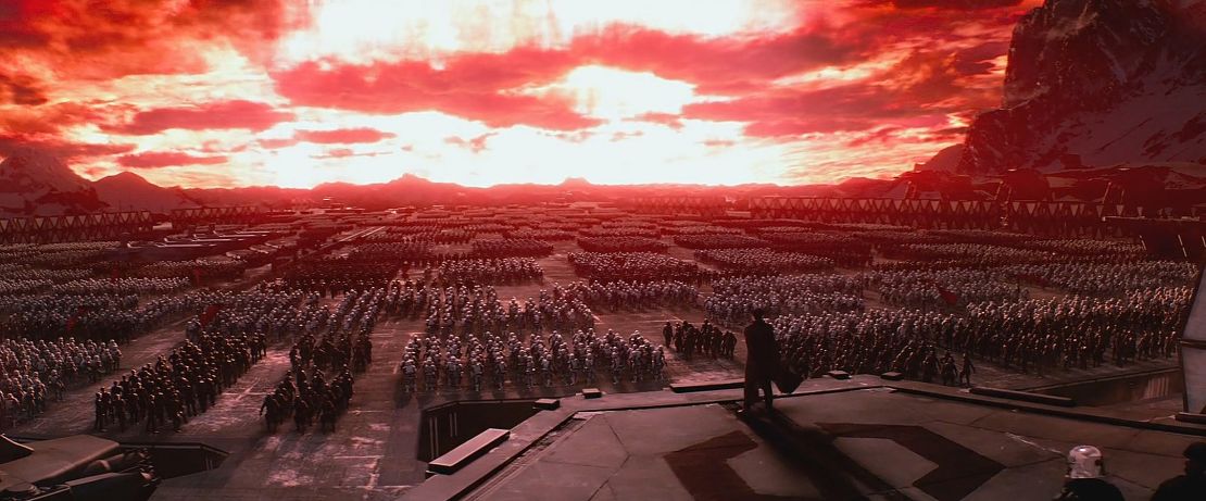 A still from "Star Wars: The Force Awakens" depicts a show of force from First Order troops. The visual language echoes the Nuremberg Rallies of the 1930s, when Nazi party members gathered annually in northern Bavaria. In the background, the base's weapon is fired, perhaps an allusion to the "Cathedral of Light."