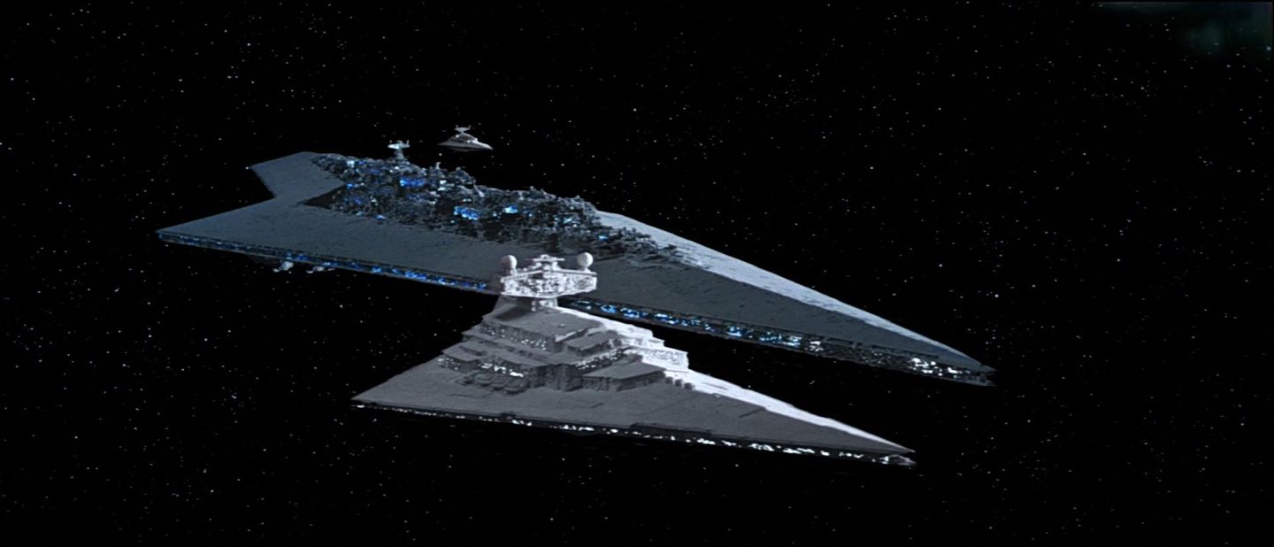 Two Star Destroyers and the "Executor," Darth Vader's Super Star Destroyer, seen in "The Empire Strikes Back." The Imperial spaceships are, like the Death Star, Brutalist on close inspection, a mass of hard lines and boxy shapes. Originally conceived as a 36-inch model, the Star Destroyer silhouette would eventually show up in the real world.