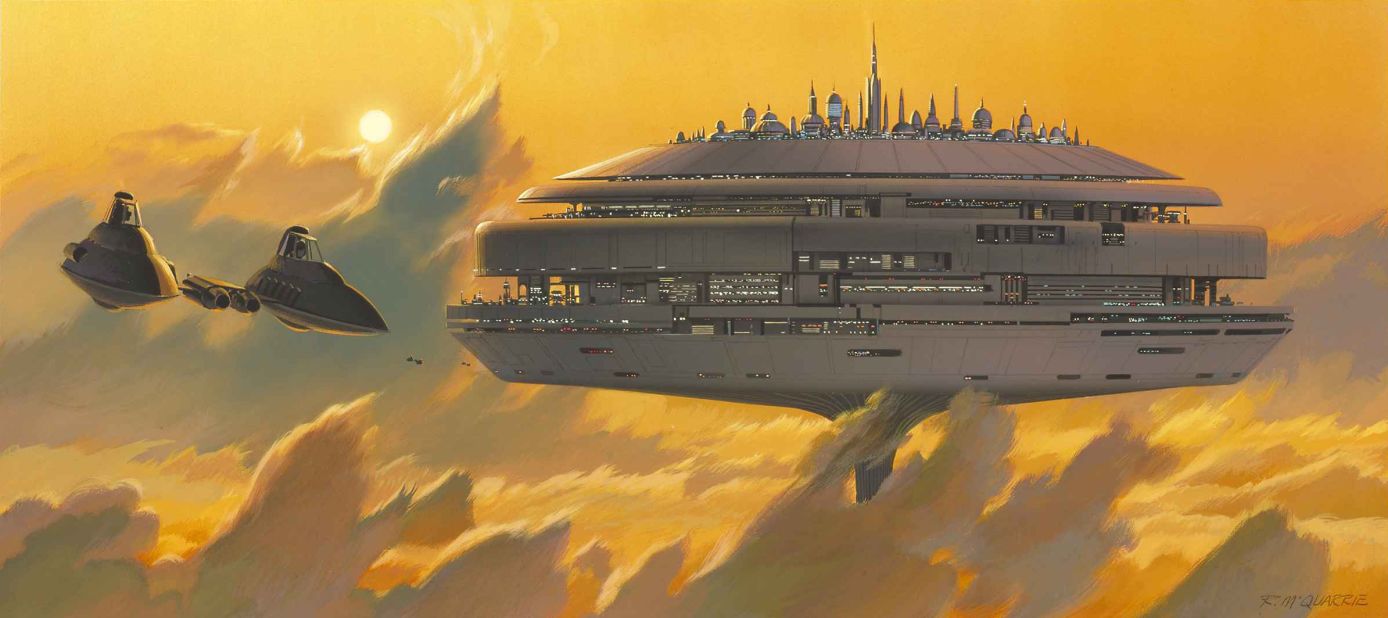 Ralph McQuarrie's concept art of Cloud City, as seen in "The Empire Strikes Back." The floating metropolis was inspired by "Flash Gordon" and 1930s sci-fi/western serial "The Phantom Empire," says Reat.