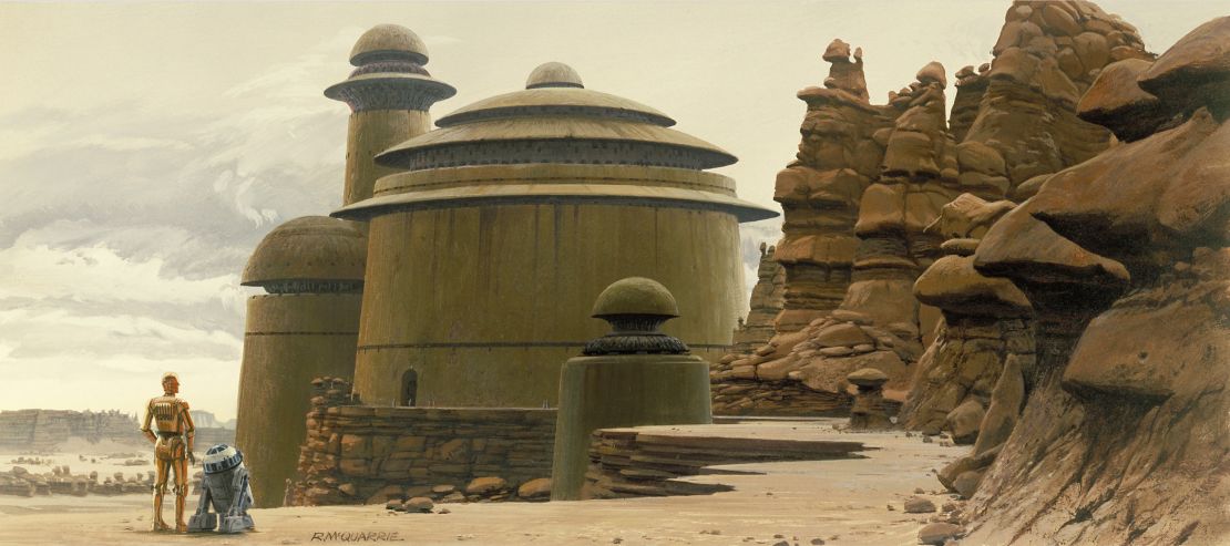 Jabba the Hutt's palace on Tatooine, as painted by Ralph McQuarrie. A combination of Byzantine shapes and clean Brutalist surfaces, it's an example of "Star Wars'" magpie approach to architecture.