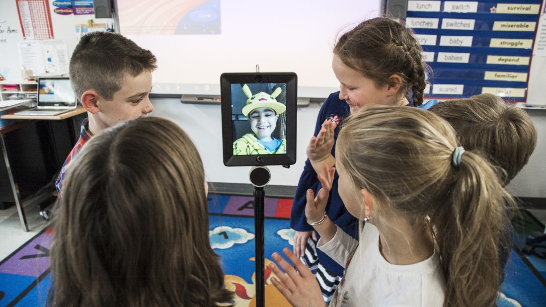 CNN caught up with Morissette during a visit with students in Wells, Maine, on November 14, 2017. When ill children have to miss class, they use robots donated by Grahamtastic Connection to attend class remotely.