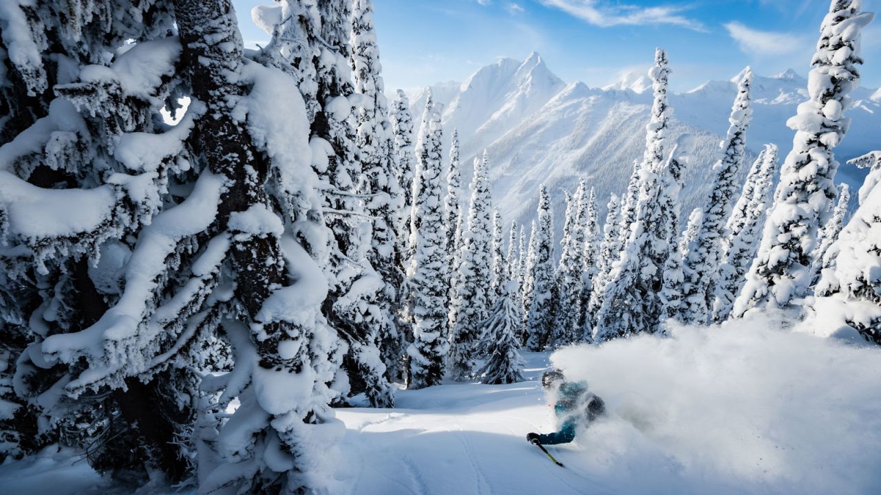 Leah Evans skiing powder at Mica Heliskiing, British Columbia, Canada.