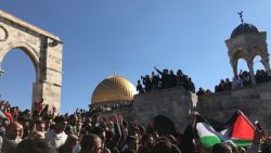 Demonstrators chant after Friday prayers at the al-Aqsa mosque in Jerusalem. 