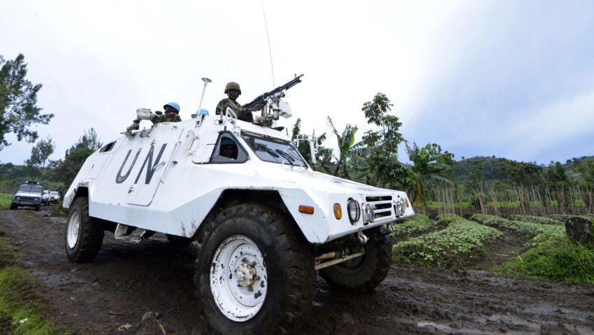 A UN mission in DR Congo (MONUSCO) armored personnel carrier patrols on November 5, 2013 on Chanzu hill, 80 kilometres north of regional capital Goma, in the eastern North Kivu region.