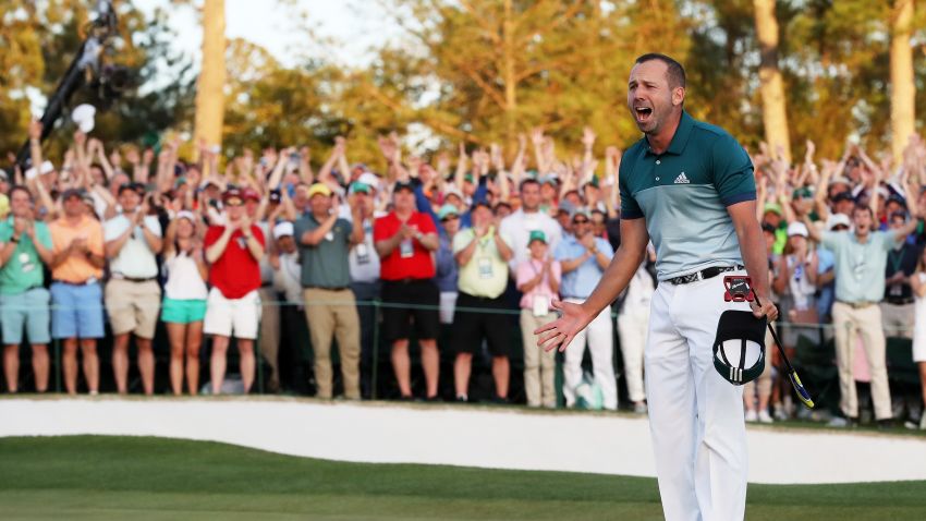 AUGUSTA, GA - APRIL 09:  Sergio Garcia of Spain celebrates after defeating Justin Rose (not pictured) of England on the first playoff hole during the final round of the 2017 Masters Tournament at Augusta National Golf Club on April 9, 2017 in Augusta, Georgia.  (Photo by Rob Carr/Getty Images)
