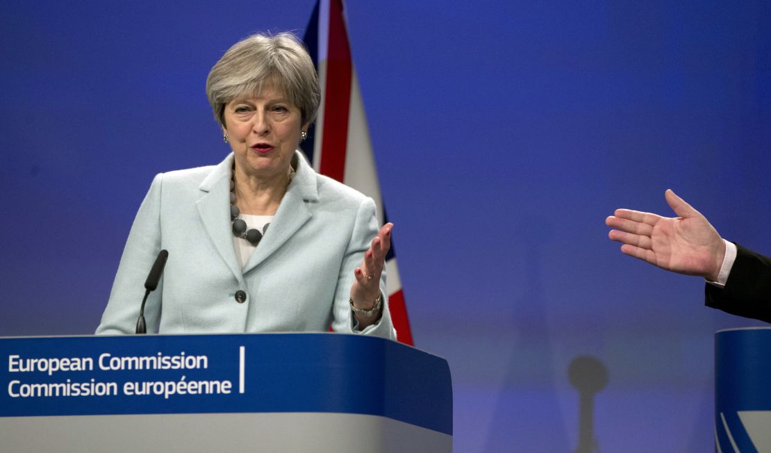 British Prime Minister Theresa May addresses the media in Brussels.