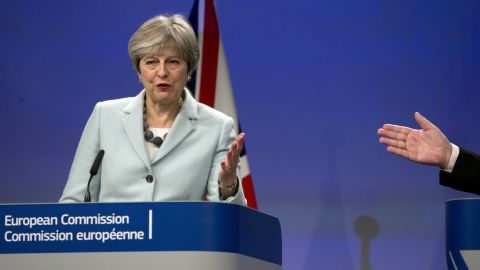 British Prime Minister Theresa May addresses the media in Brussels.