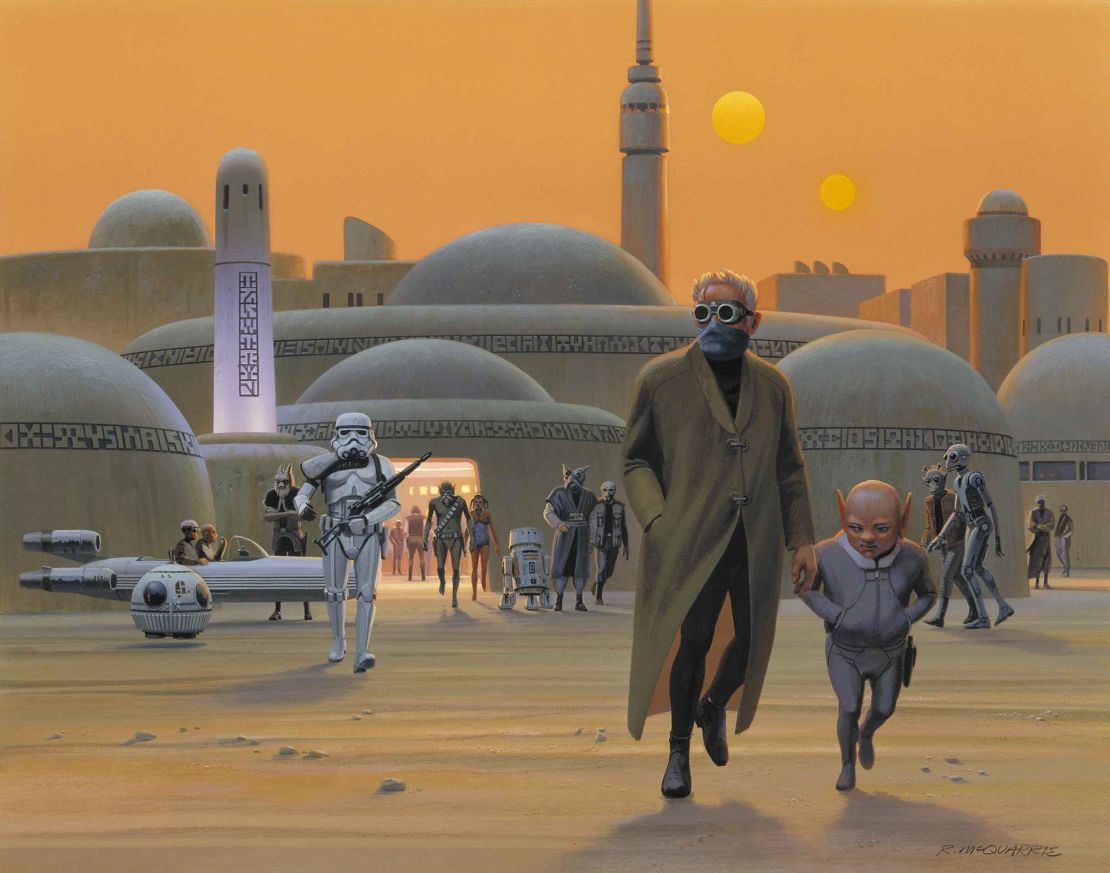 One of Ralph McQuarrie's early paintings of Mos Eisley, Tatooine. The city, "a hive of scum and villainy," was imagined to be constructed of mud, rammed earth and plaster in the North African vernacular.