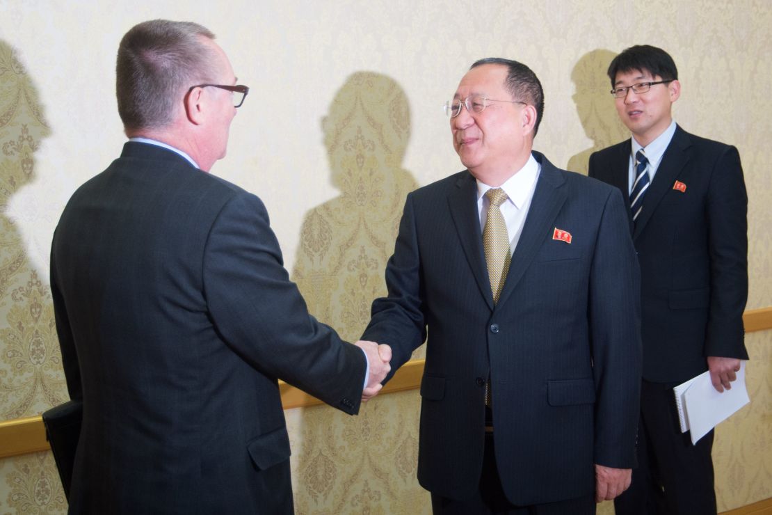 Jeffrey Feltman, left, shakes hands with North Korean senior ruling party leader Ri Su-Yong in Pyongyang on December 7, 2017. Feltman's visit was the first by a UN diplomat of his rank since 2010.
