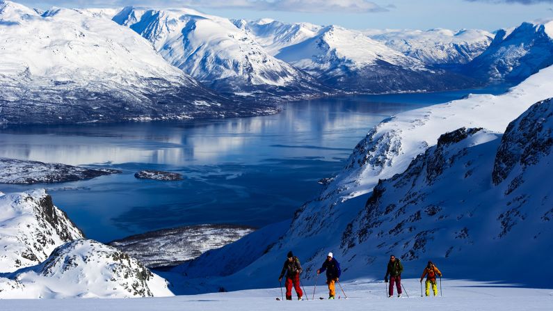 <strong>Debut tour:</strong> "Aksel Lund Svindal <em>(second from left)</em> is one of the most successful ski racers of modern times but this was his first ever ski touring trip, being filmed for a video. It was in the Lyngen Alps in the far north of Norway, on the islands to the east of Tromso. It's one of the most unique places in the world and a mecca for ski touring. Aksel was so humble and so happy to learn, and it was a really cool experience to share it with him. We walked for six-seven hours uphill with skins our skis and had amazing snow all the way back to the fjord." -- <em>Mattias Fredriksson. </em><br /><em> </em>