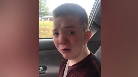 Keaton Jones tearfully tells his mom about his day at school. 