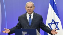 Israel's Prime Minister Benjamin Netanyahu gestures as he speaks during a joint press conference with the EU foreign policy chief, at the European Council in Brussels on December 11, 2017. 
Israeli Prime Minister Benjamin Netanyahu is ?holding talks on December 11 with EU foreign ministers, days after the US decision to recognise Jerusalem as Israel's capital, a move the premier had long sought but which has been met by widespread condemnation. / AFP PHOTO / JOHN THYS        (Photo credit should read JOHN THYS/AFP/Getty Images)