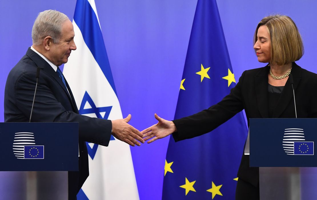 Netanyahu speaks alongside EU foreign policy chief Federica Mogherini in Brussels on Monday. 