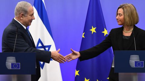 Netanyahu speaks alongside EU foreign policy chief Federica Mogherini in Brussels on Monday. 