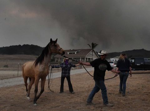 Horses are evacuated from the Laughing Dog Ranch as smoke from the Thomas Fire descends on the area in Ojai, California, on Saturday, December 9.