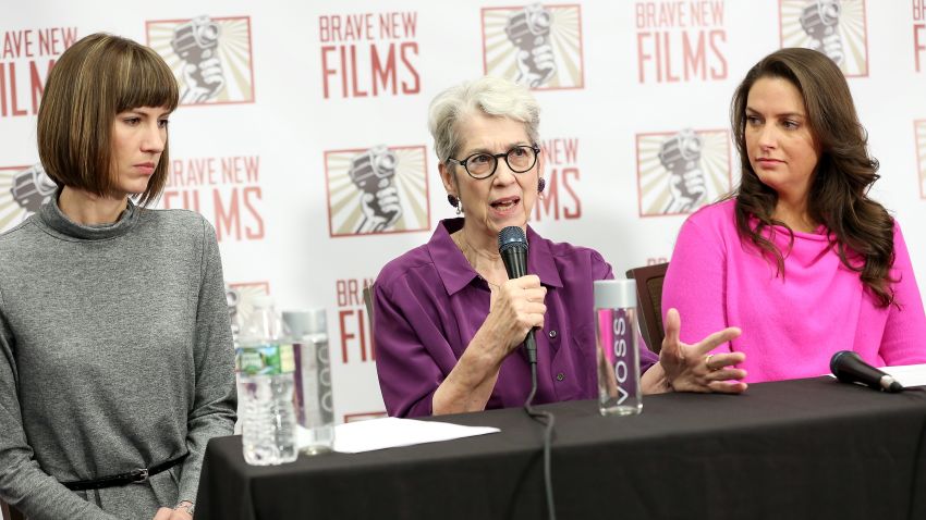 (L-R) Rachel Crooks, Jessica Leeds, and Samantha Holvey speak during the press conference held by women accusing Trump of sexual harassment in NYC on December 11, 2017 in New York City.