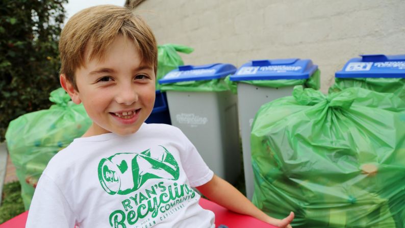 Ryan Hickman is <a href="index.php?page=&url=http%3A%2F%2Fwww.cnn.com%2F2017%2F03%2F09%2Fus%2Frecycling-boy-trnd%2Findex.html">passionate about recycling</a>. After he learned about the process, he began by collecting his neighbors' recyclables. Soon family members and friends were saving their bottles and cans for him, too. The 8-year-old's efforts have since become a thriving, community-wide business that has recycled more than 275,000 cans and bottles -- a total of 60,000 pounds, and counting. Every week, he sorts through recyclables from his "customers" all over Orange County. He and his parents take them by the truckload to the local redemption center.