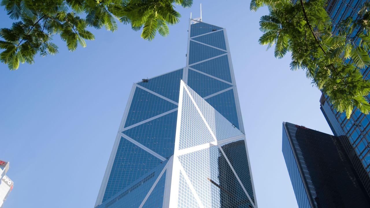 The Bank of China Tower, which houses the headquarters of the Bank of China (Hong Kong) Ltd, is one of the most distinctive skyscrapers in central Hong Kong. Completed in 1990, its four triangular towers were inspired by bamboo plants, which represent prosperity and revitalization in Chinese culture. 