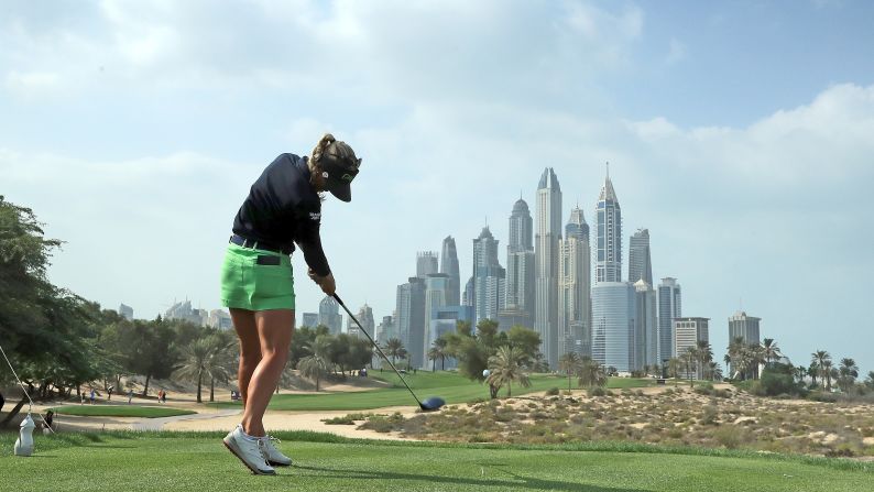 Pernilla Lindberg plays a tee shot during the final round of the Dubai Ladies Classic on Saturday, December 9.