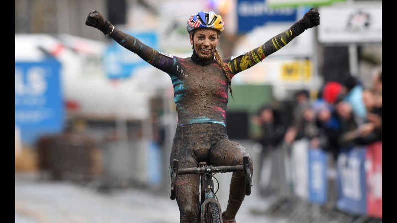 French cyclist Pauline Ferrand Prevot celebrates after winning a cyclo-cross race in Overijse, Belgium, on Sunday, December 10.