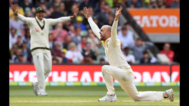 Australian spinner Nathan Lyon appeals successfully for an LBW decision against England's Alastair Cook on Tuesday, December 5. Australia won the second Test match of the Ashes series by 120 runs, and it has a 2-0 lead in the best-of-five series.