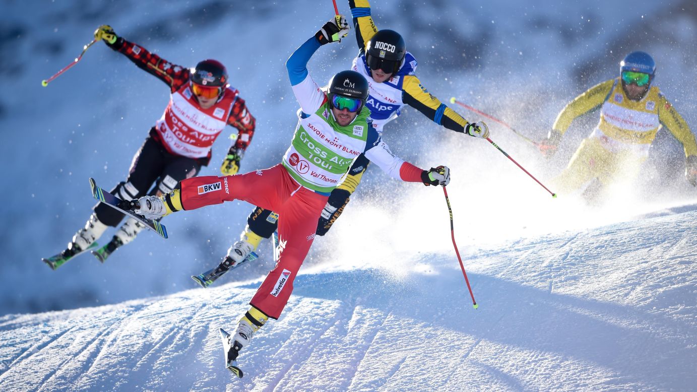 Switzerland's Joos Berry leads a pack of ski-cross racers during a World Cup event in Val Thorens, France, on Thursday, December 7.
