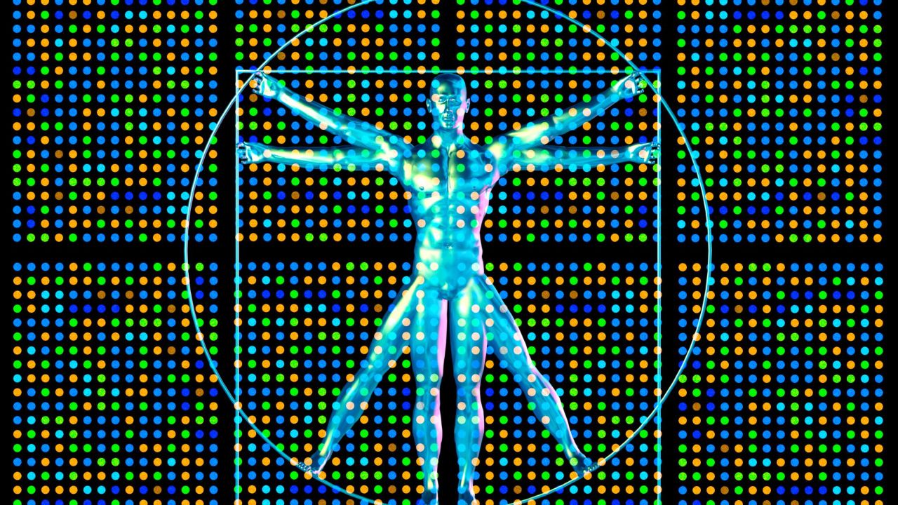 Genetic research. Computer artwork showing a DNA microarray and Leonardo da Vincis vitruvian man.