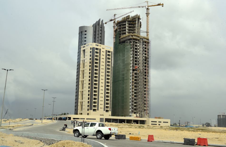 Billed as the largest real estate project in Africa, Eko Atlantic is being built on tons of sand dredged from the Atlantic Ocean off the coast.  However, construction has slowed as a result of Nigeria's economic stagnation.