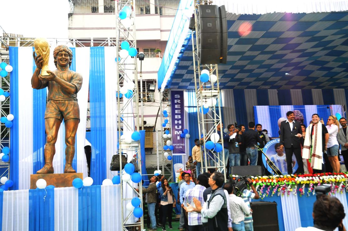 The bronze statue of Argentine footballer Diego Maradona in the Indian city of Kolkata.