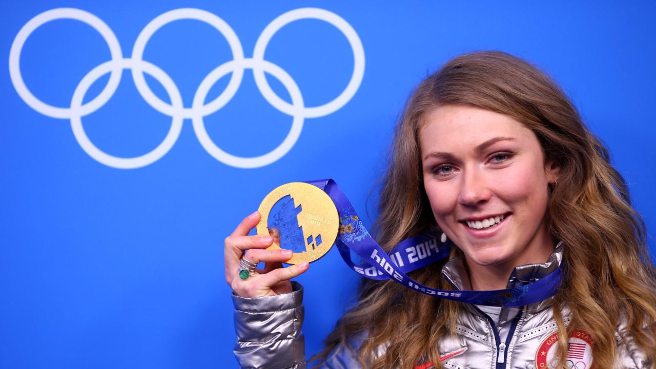SOCHI, RUSSIA - FEBRUARY 22:  Gold medalist Mikaela Shiffrin of the United States celebrates during the medal ceremony for the Women's Slalom on Day 15 of the Sochi 2014 Winter Olympics at Medals Plaza on February 22, 2014 in Sochi, Russia.  (Photo by Ryan Pierse/Getty Images)