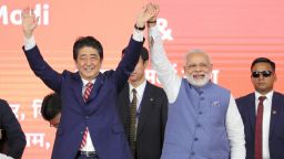 Japanese Prime Minister Shinzo Abe and Indian Prime Minister Narendra Modi attend the ceremony of the high speed train project using Japanese technology on September 14, 2017 in Ahmedabad, India. 