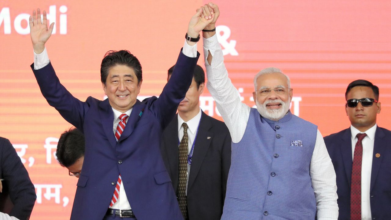 Japanese Prime Minister Shinzo Abe and Indian Prime Minister Narendra Modi attend the ceremony for a high-speed train project using Japanese technology in Ahmedabad, India. 